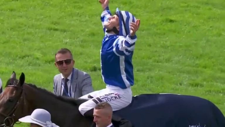 Aurelien Lemaitre celebrates Blue Rose Cen&#39;s Prix de Diane victory