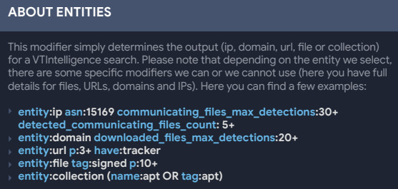VirusTotal modifiers for entity search
