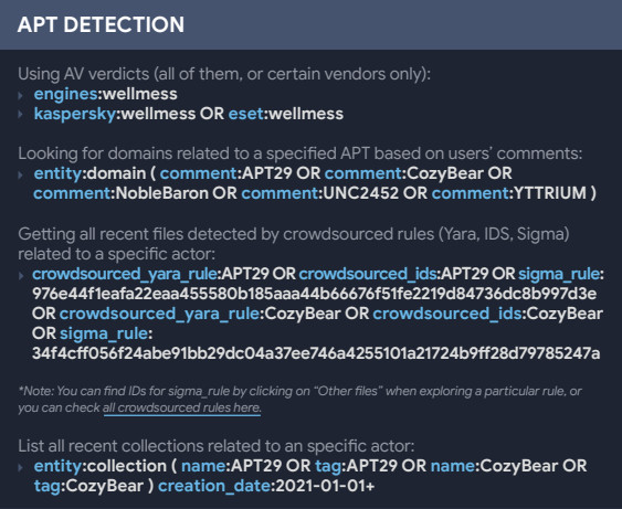 VirusTotal cheat sheet - detecting APT activity