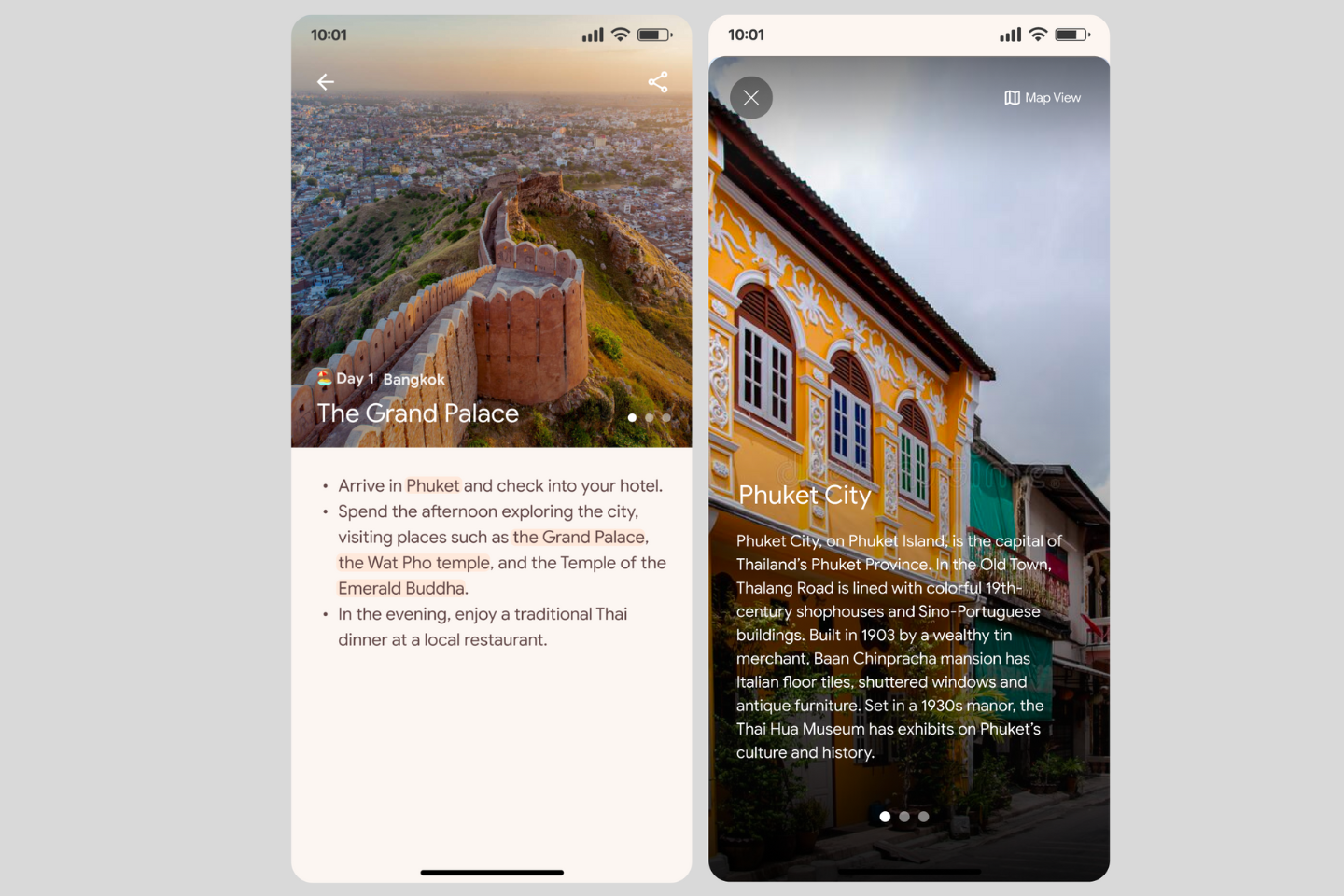 An image that shows how the integration of Google Maps Places API is displayed to the user. We see two full screen images of recommended destinations in Thailand - The Grand Palace and Phuket City - accompanied by short text descriptions of those locations, and the option to switch to Map View