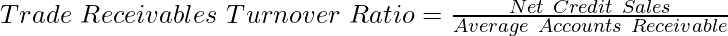 Trade~Receivables~Turnover~Ratio =frac{Net~Credit~Sales}{Average~Accounts~Receivable}